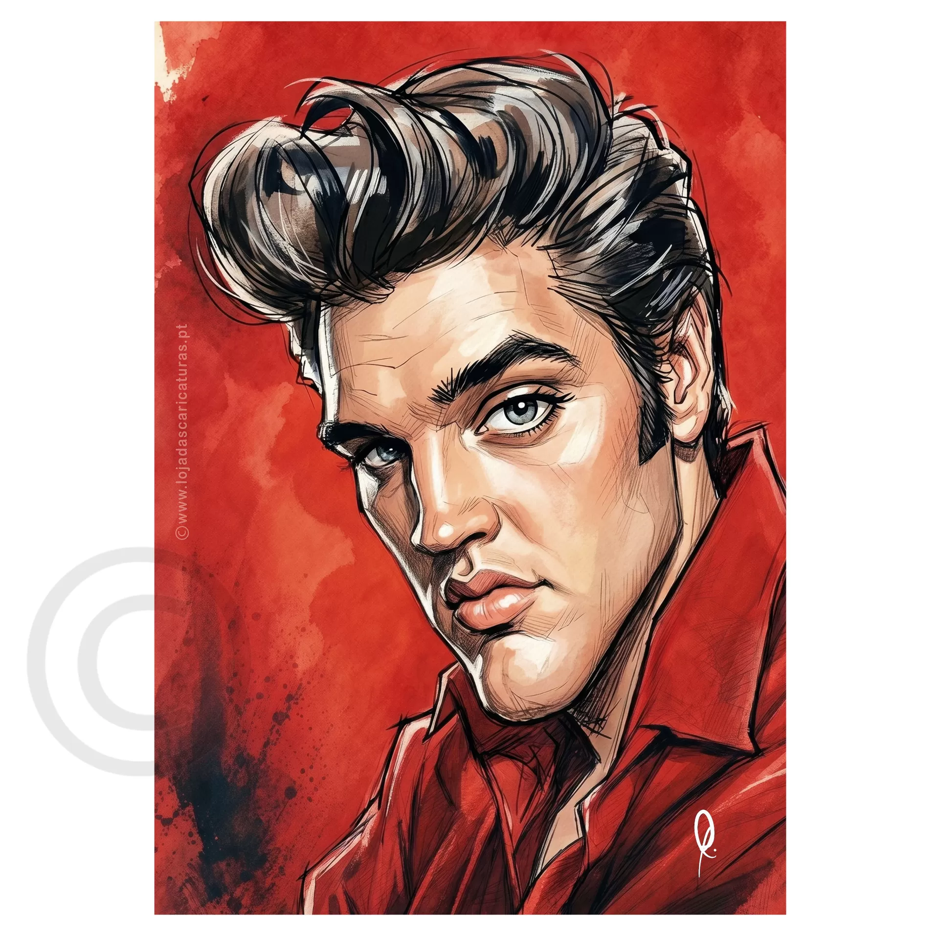 Ilustração digital de homem com cabelo escuro e ondulado e camisa vermelha sobre fundo vermelho.