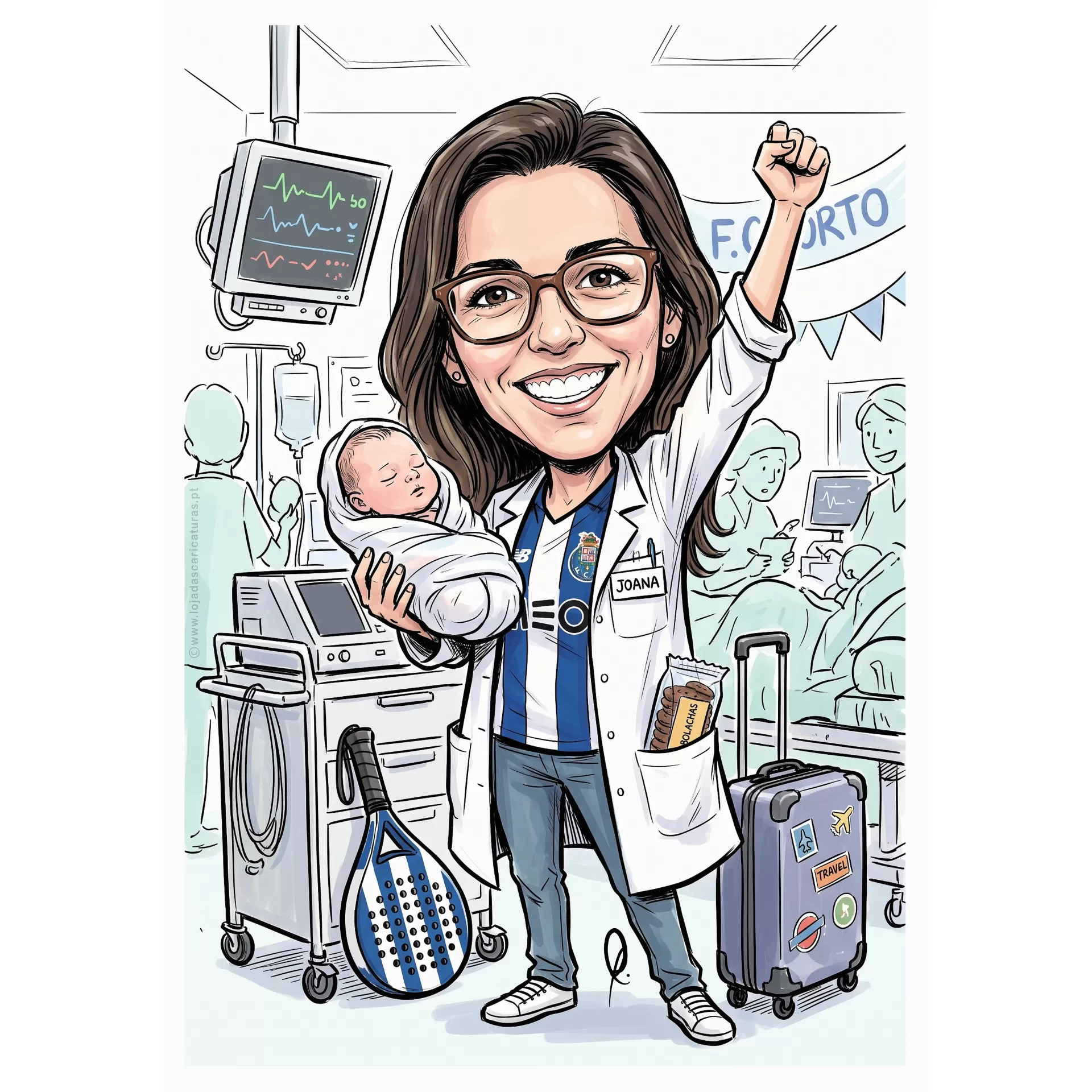 Mulher com bata branca e crachá Joana segura bebé embrulhado em manta branca em ambiente hospitalar com equipamentos e mala de viagem.