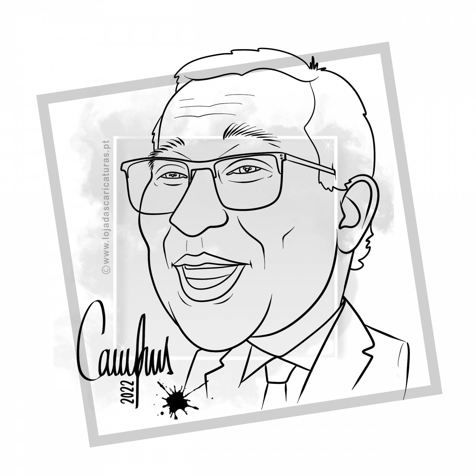 Desenho a preto e branco de um homem com óculos e assinatura 'Campbell' 2022