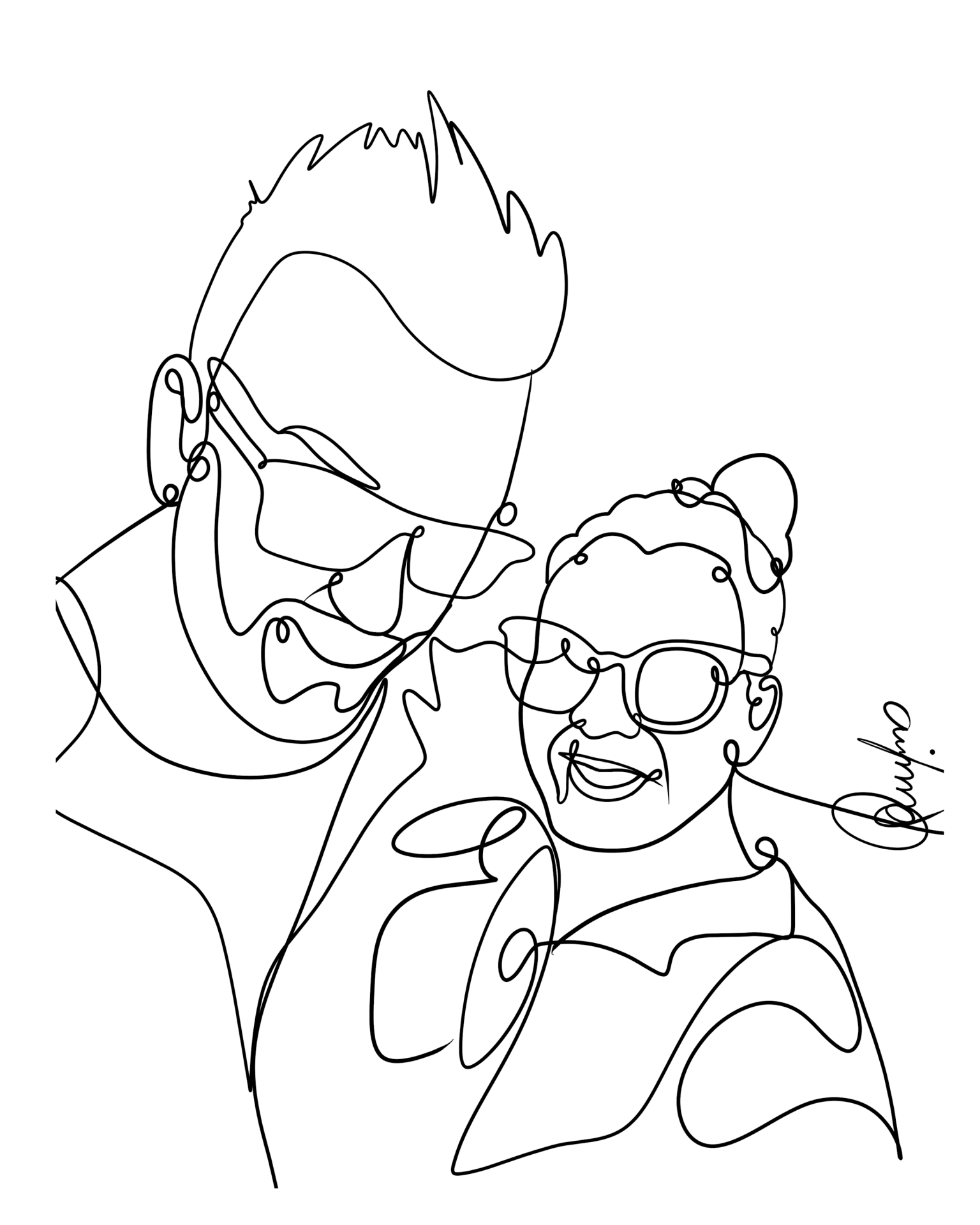 Desenho a traço único de duas pessoas de óculos de sol a sorrir