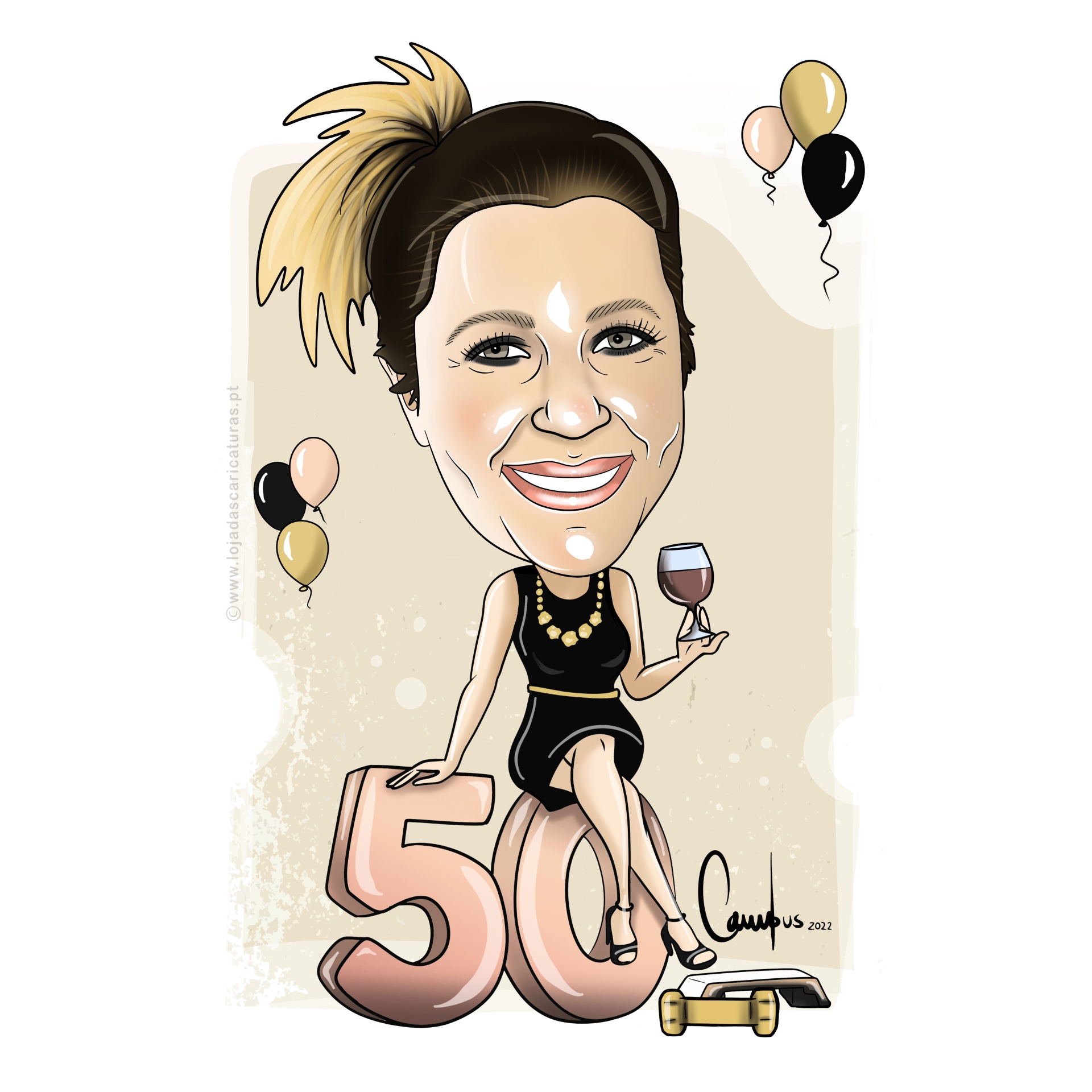 Caricatura de mulher elegante com vestido preto sentada num número 50 cor de rosa segurando taça de vinho