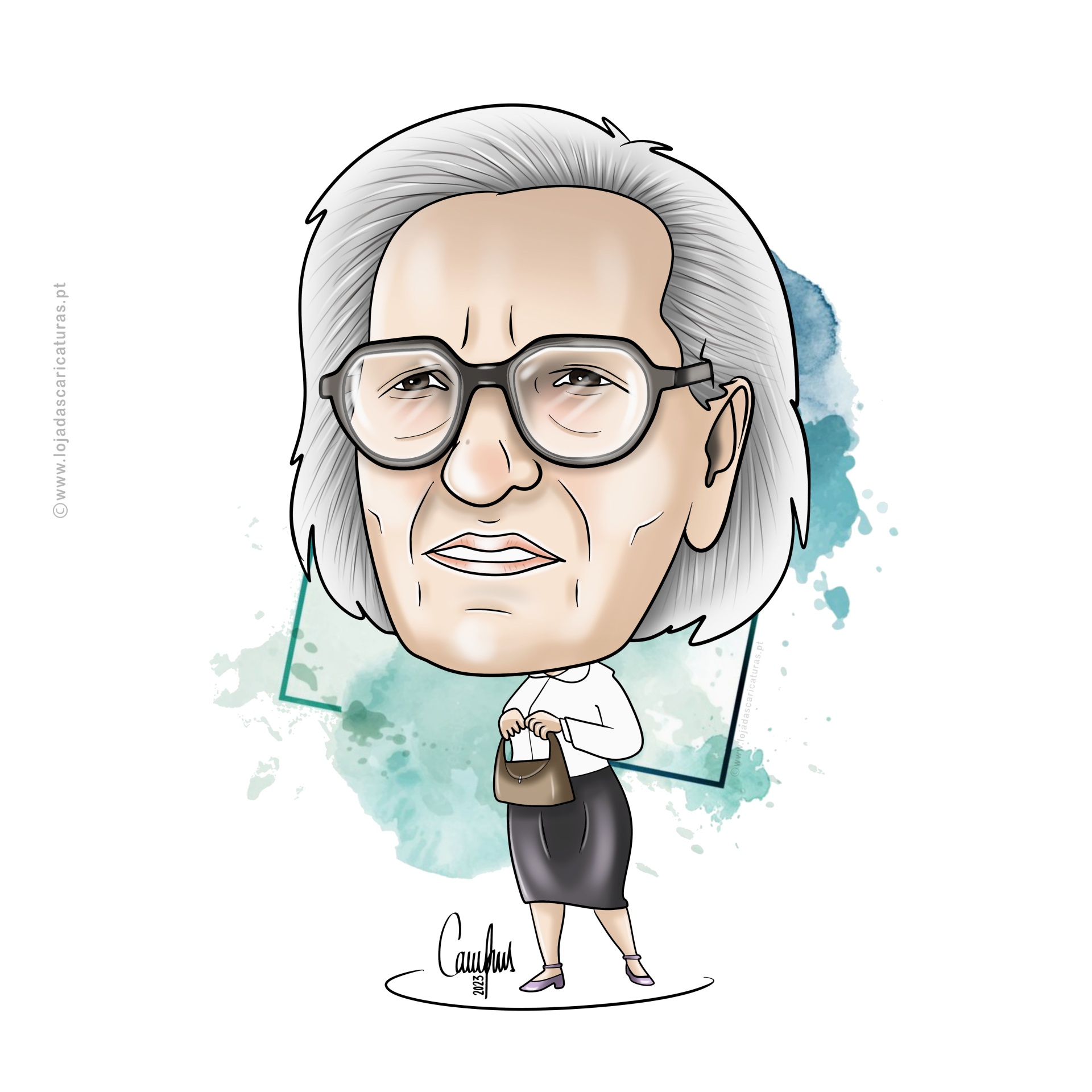 Caricatura de mulher idosa com óculos e roupa formal segurando mala castanha