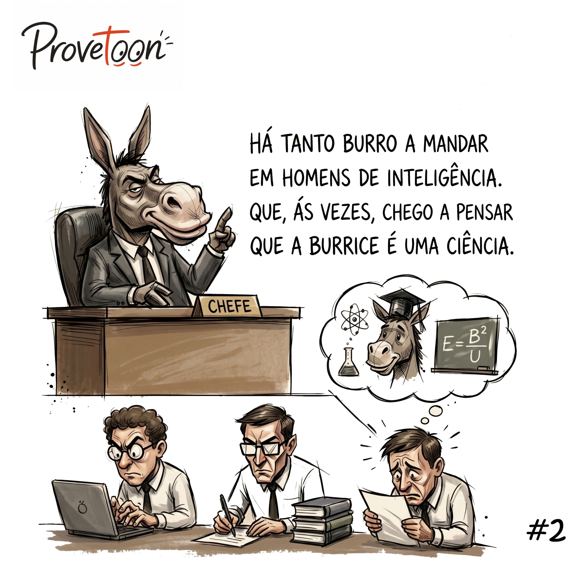 Desenho de burro chefe e trabalhadores com texto sobre burrice e inteligência
