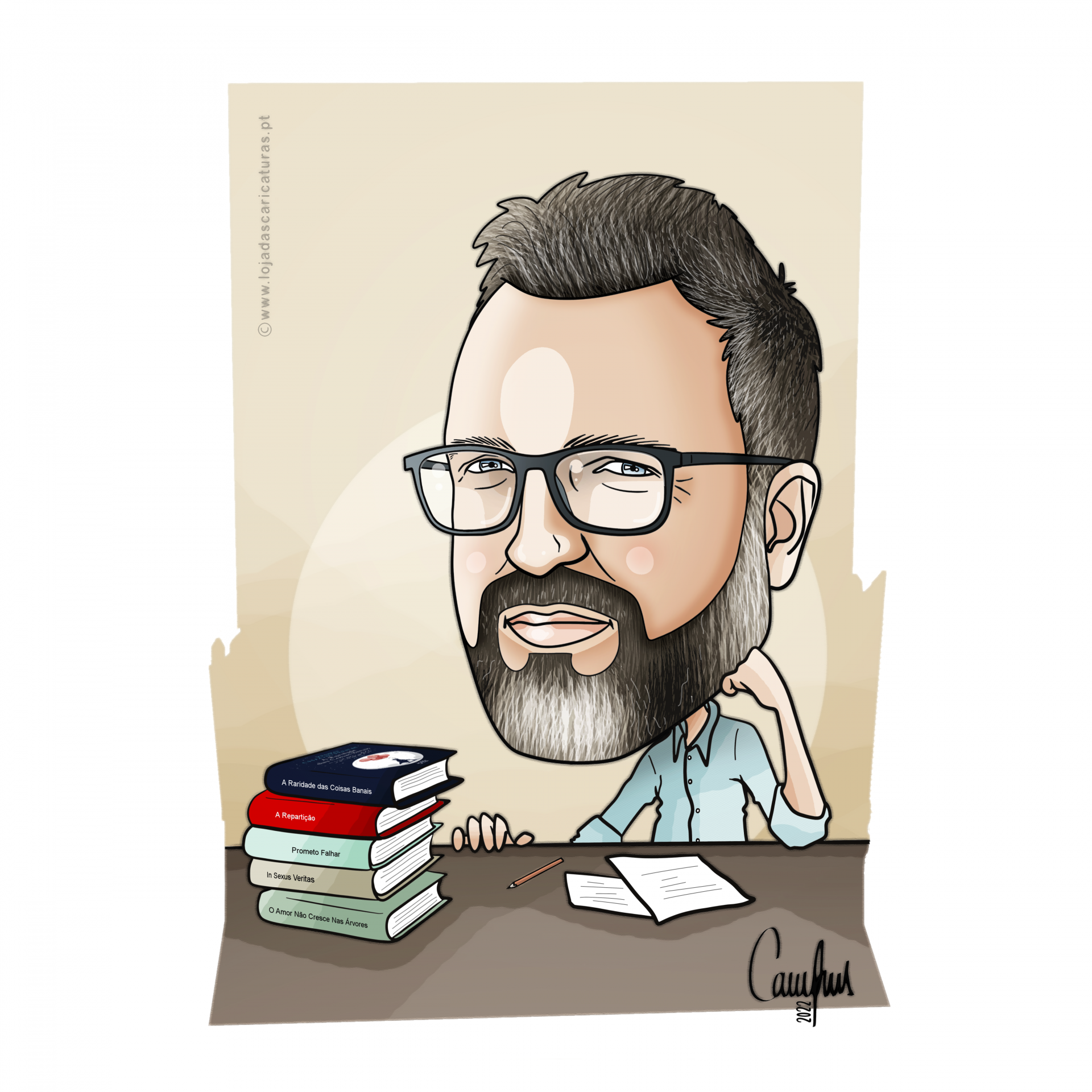 Ilustração de homem com óculos, livros e caderno sobre mesa