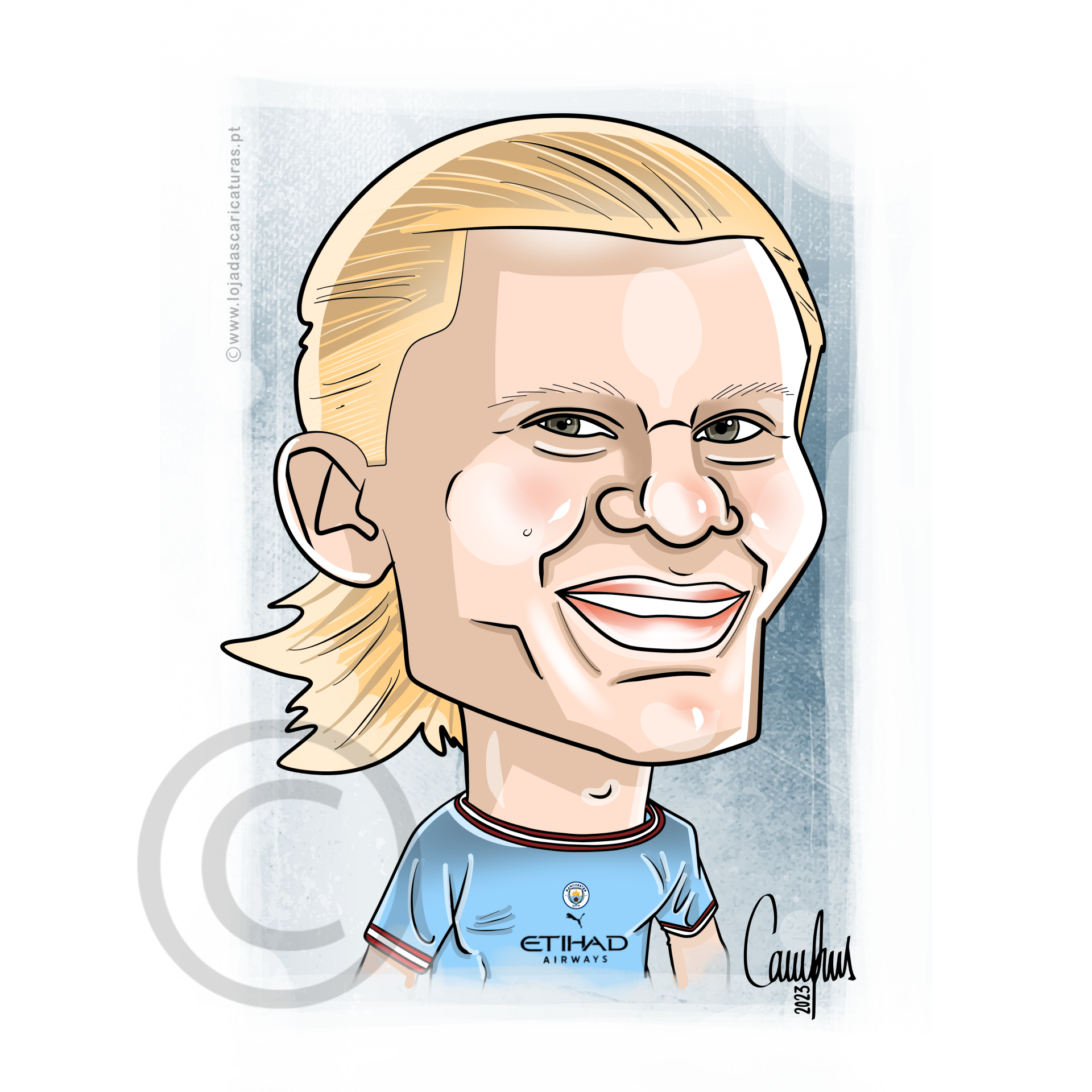 Caricatura de jogador de futebol loiro com camisola azul do Manchester City