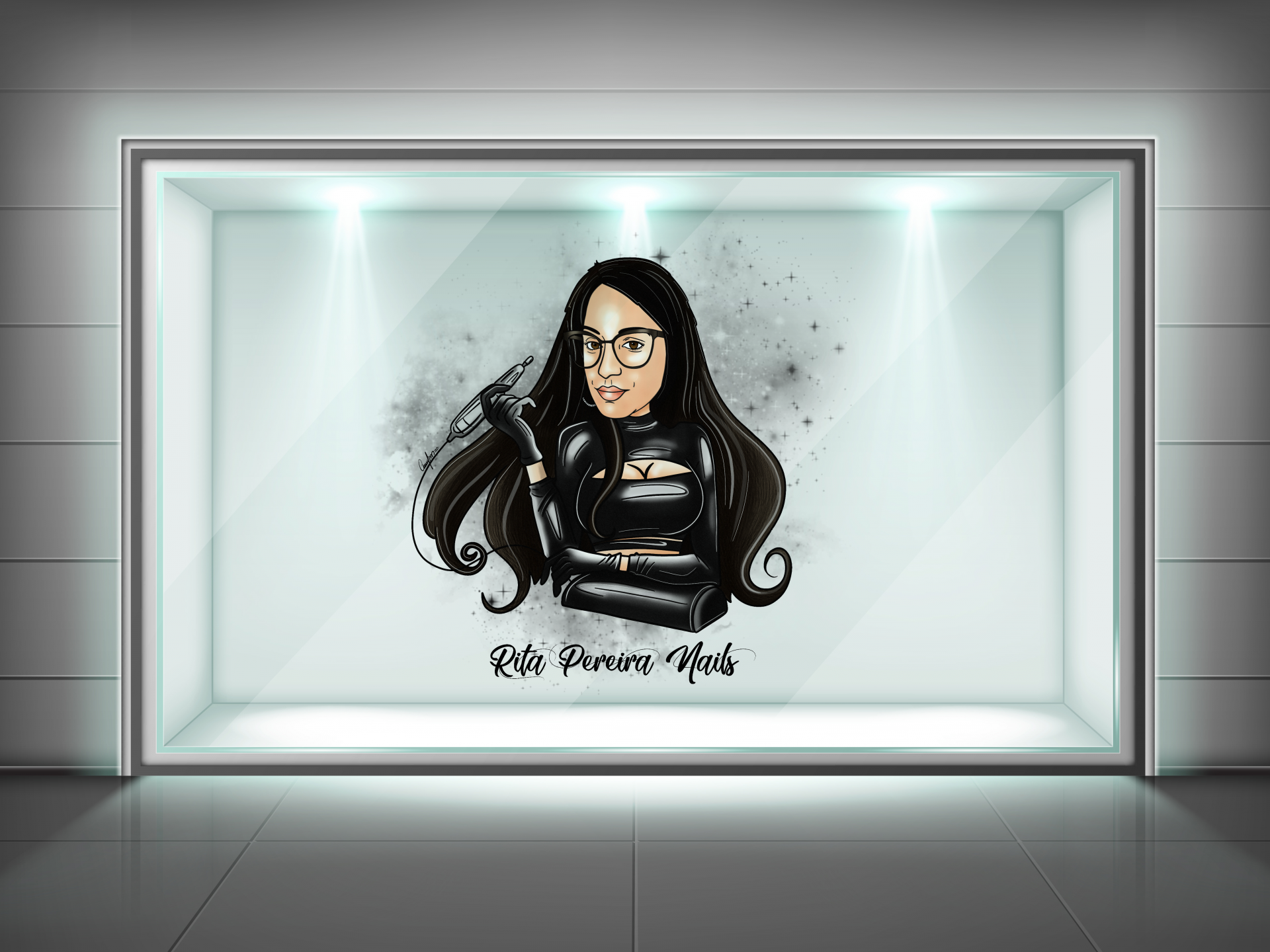 Ilustração de mulher com casaco e óculos e texto Rita Perera Nails