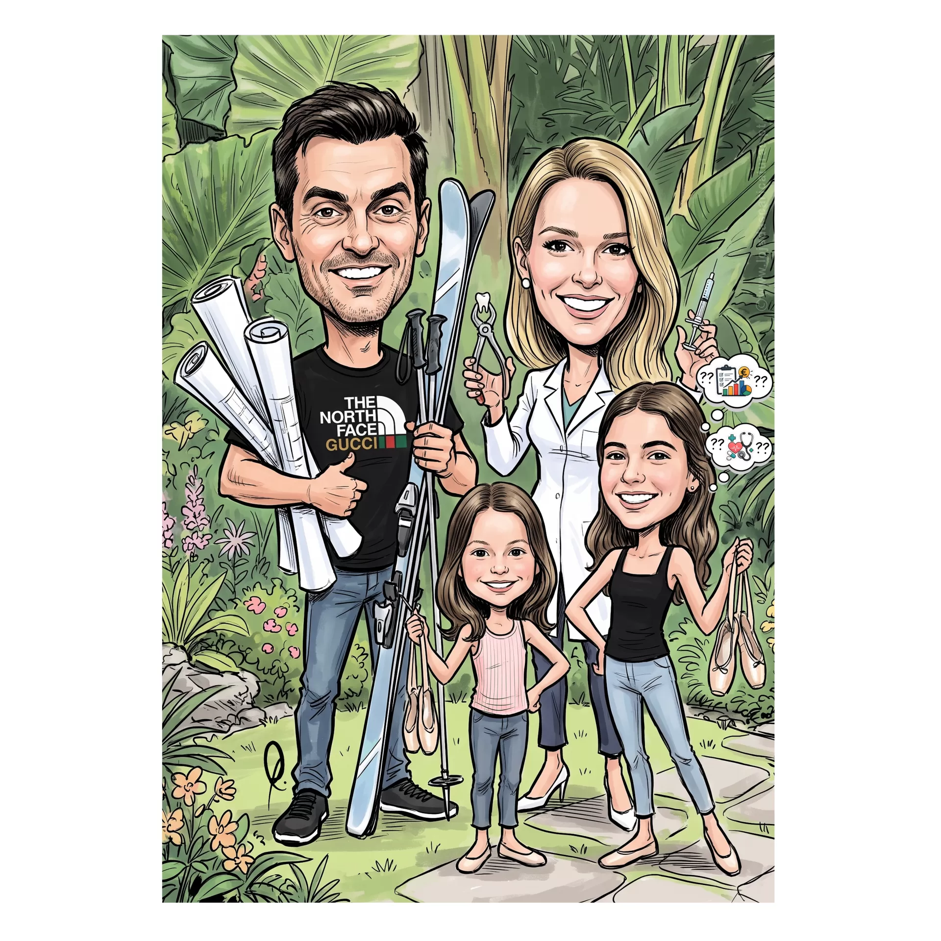 Desenho de um grupo de quatro pessoas ao ar livre, rodeadas por vegetação, segurando objetos diversos como esquis, rolos, pinça e seringa.