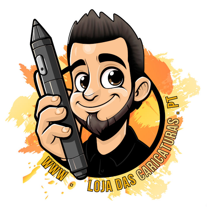 Caricatura de homem segurando caneta digital preta com texto promocional.