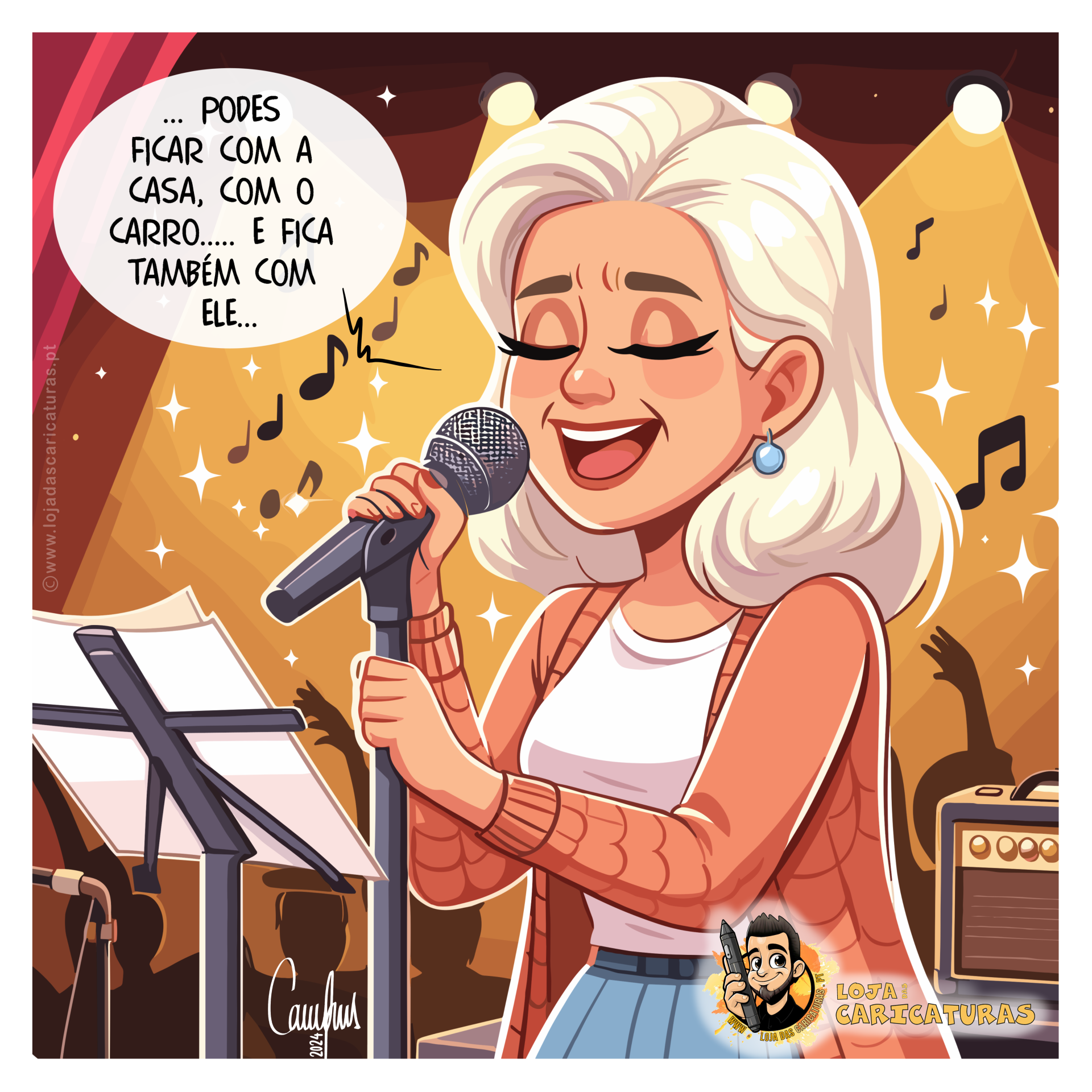 Mulher loira a cantar no palco com microfone e folha de música