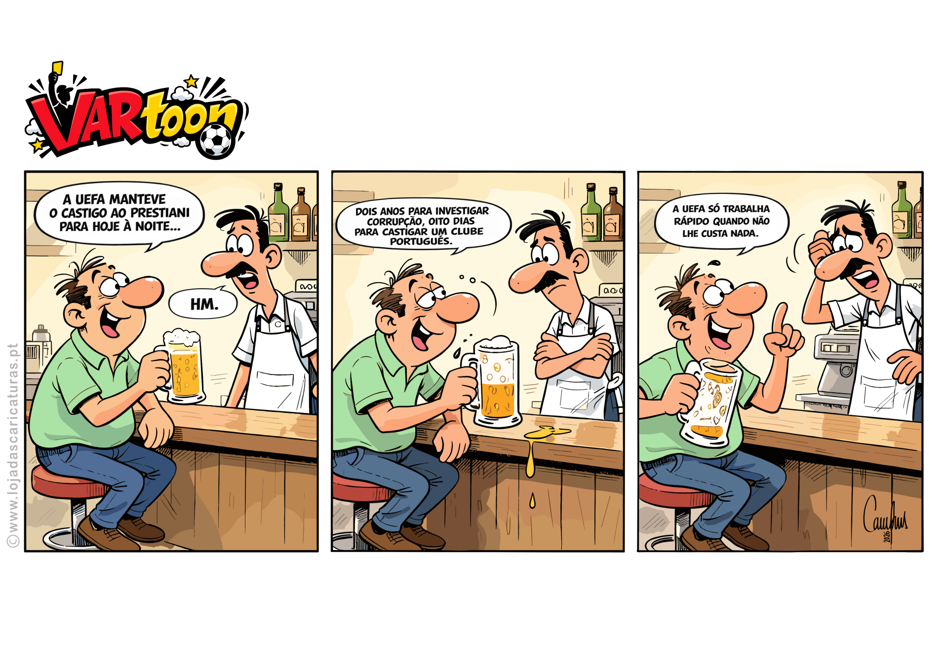 Banda desenhada VARtoon com dois homens num bar, cervejas e diálogo em português.