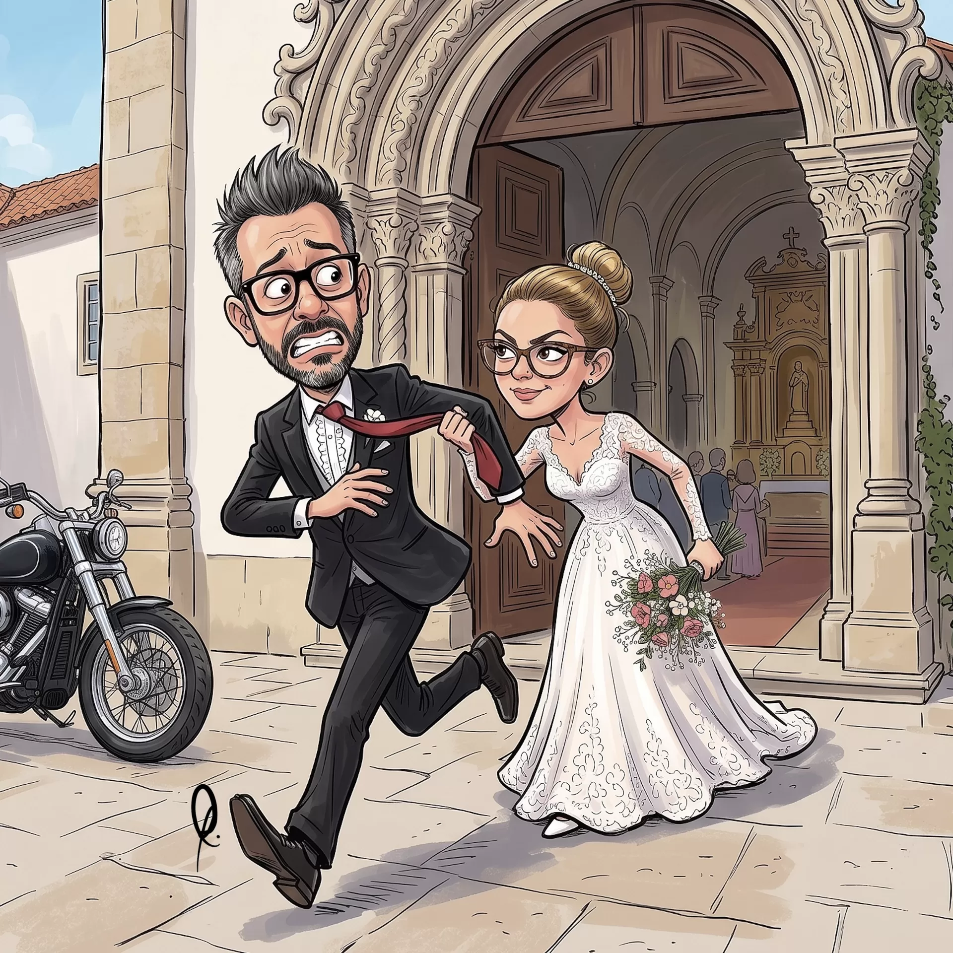 Ilustração de noivos animados em frente a igreja com detalhes arquitetónicos e uma moto