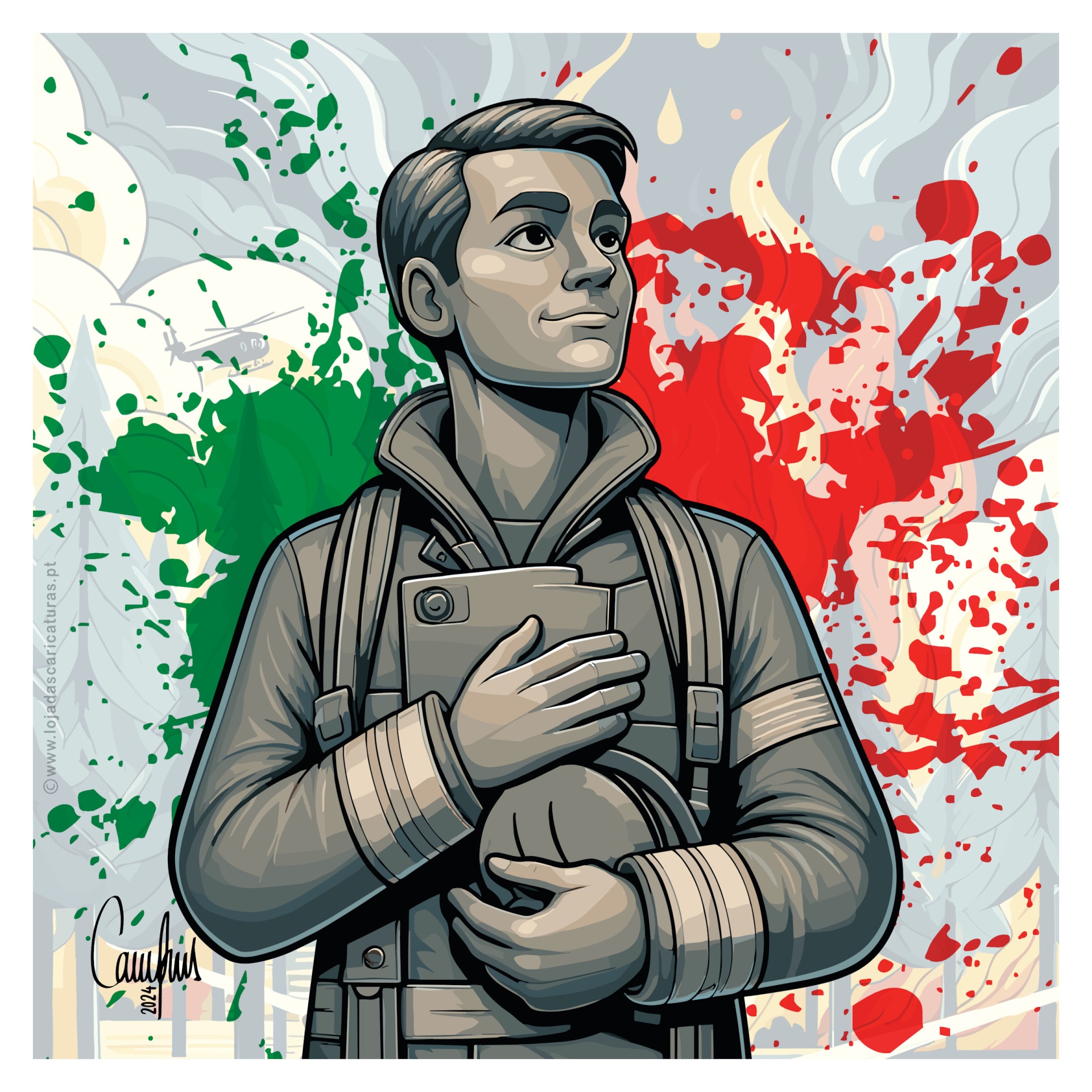 Homem com uniforme cinzento segurando capacete, fundo colorido com verde, branco e vermelho