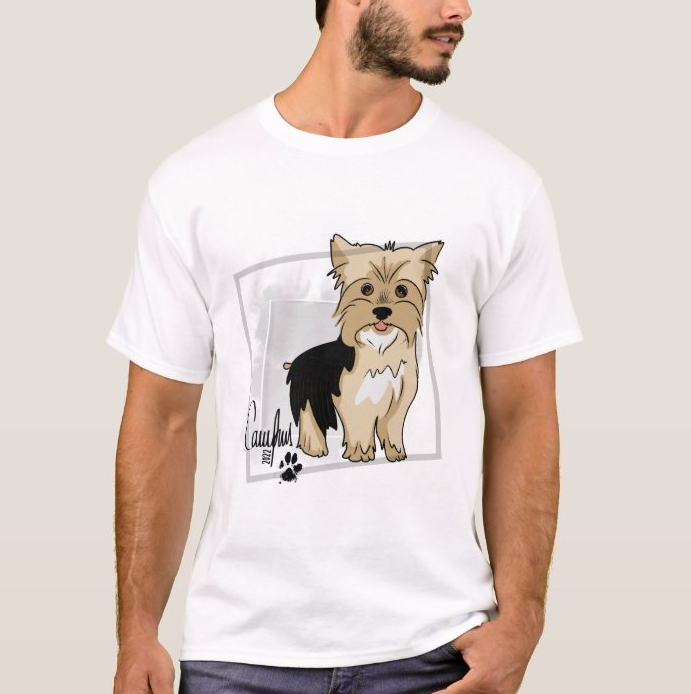 Camiseta branca com desenho de cão Yorkshire cartoon