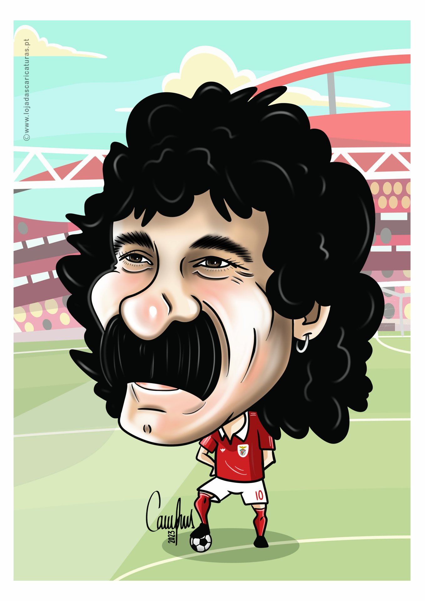 Caricatura de jogador de futebol com uniforme vermelho número 10 em campo de futebol