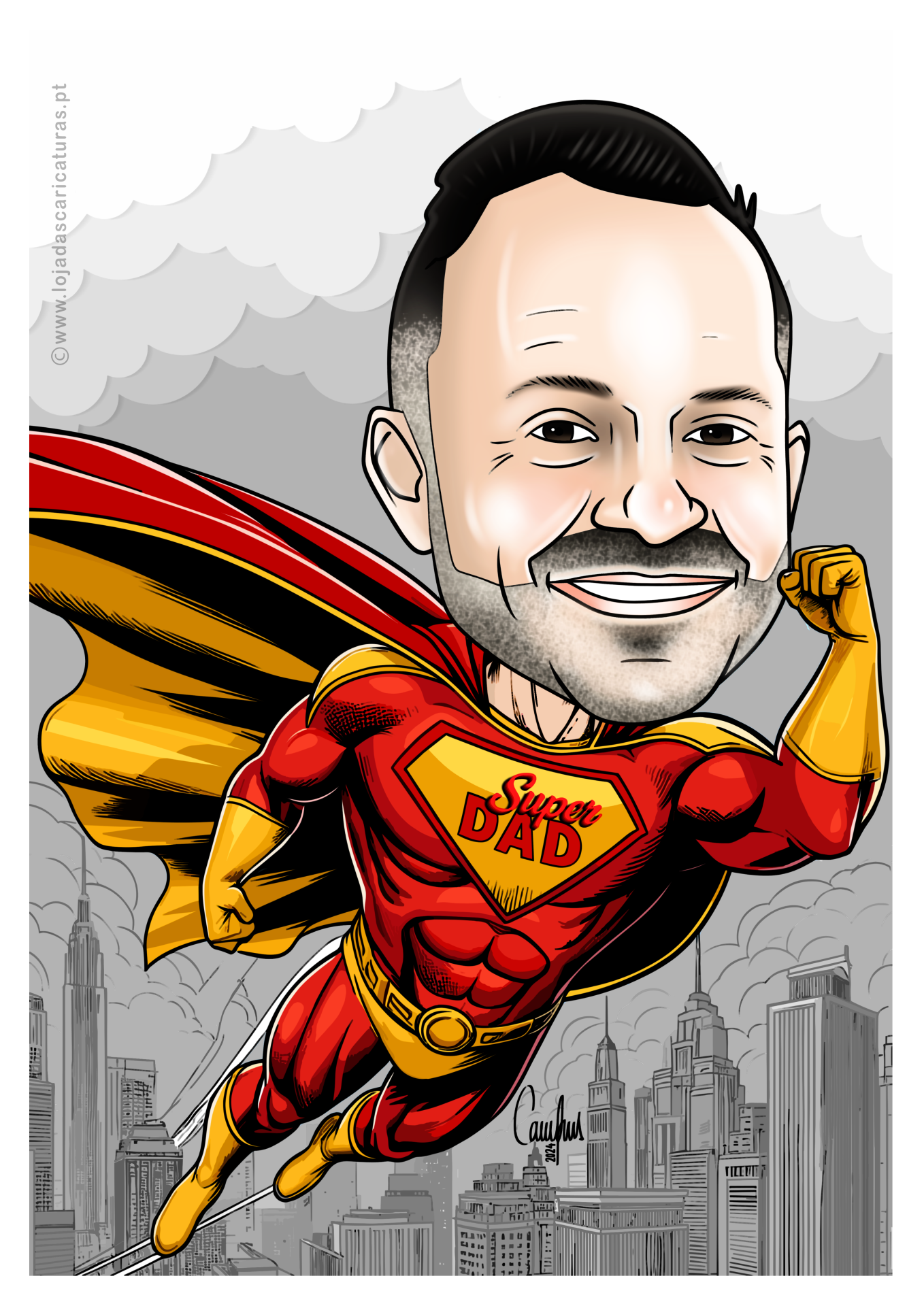 Caricatura de homem vestido como super-herói com texto 'Super DAD' na roupa, a voar sobre uma cidade.
