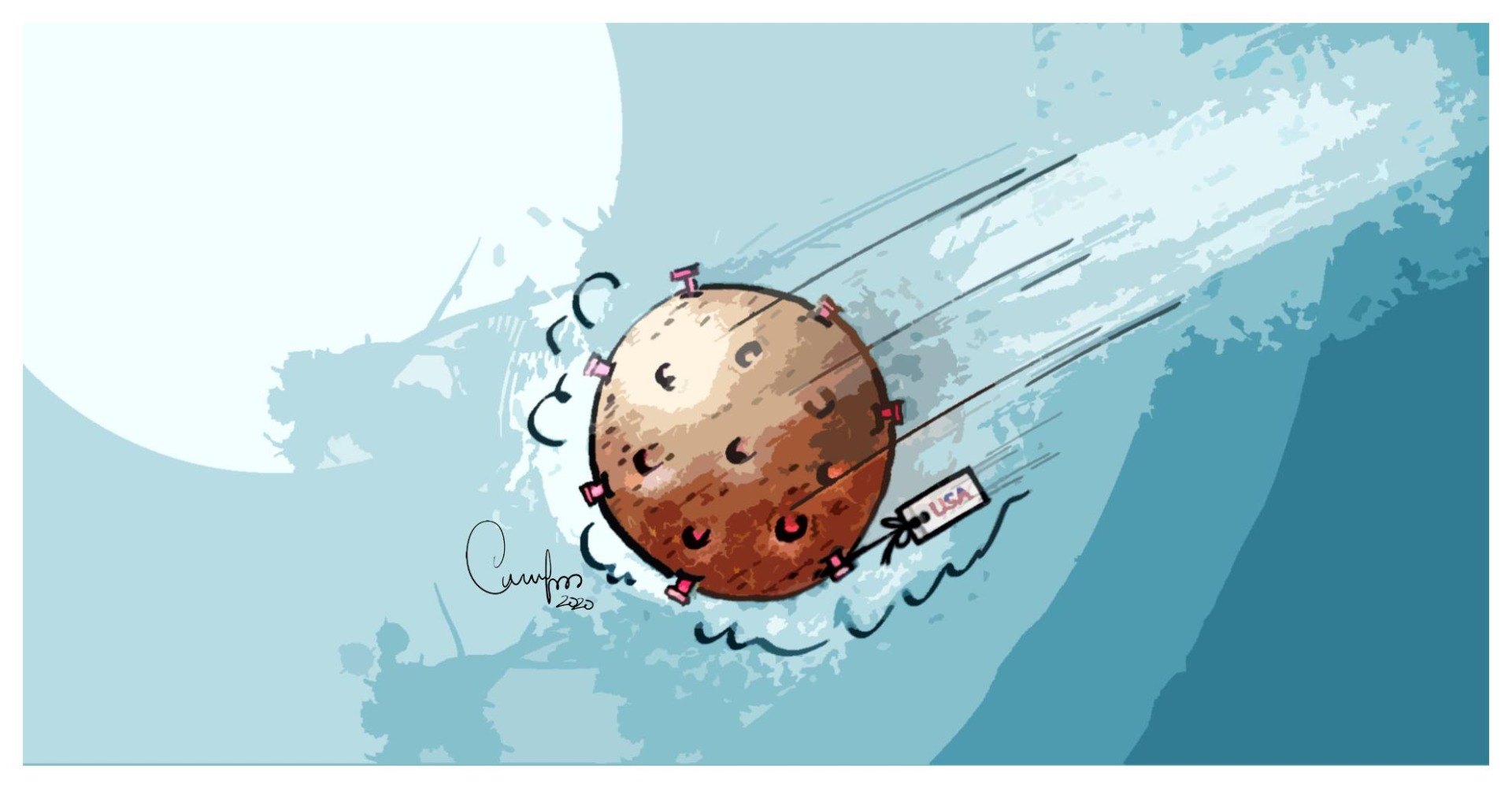 Ilustração de planeta com vírus e estação espacial em fundo azul