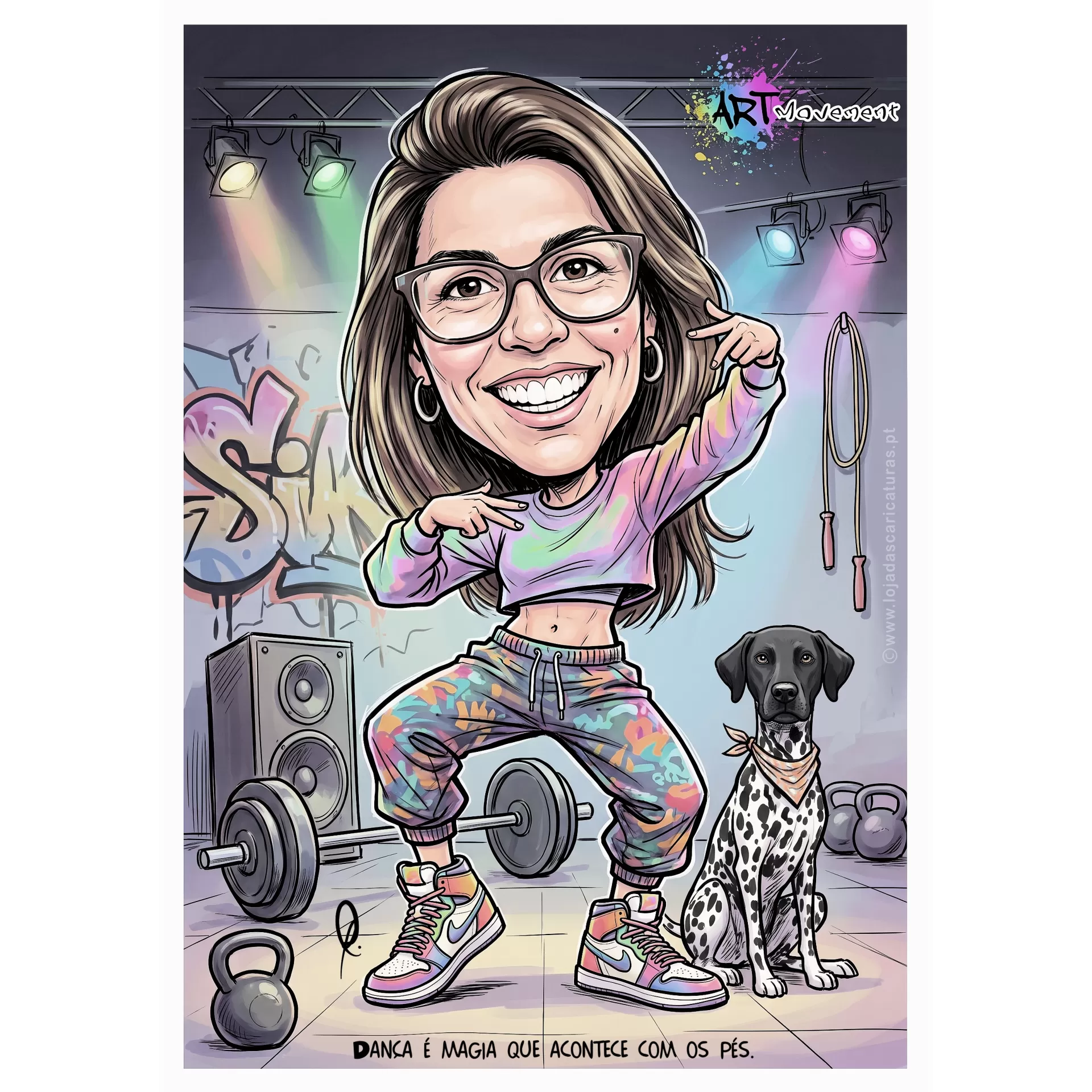 Ilustração caricatural de mulher desportiva com cão e equipamentos de ginásio