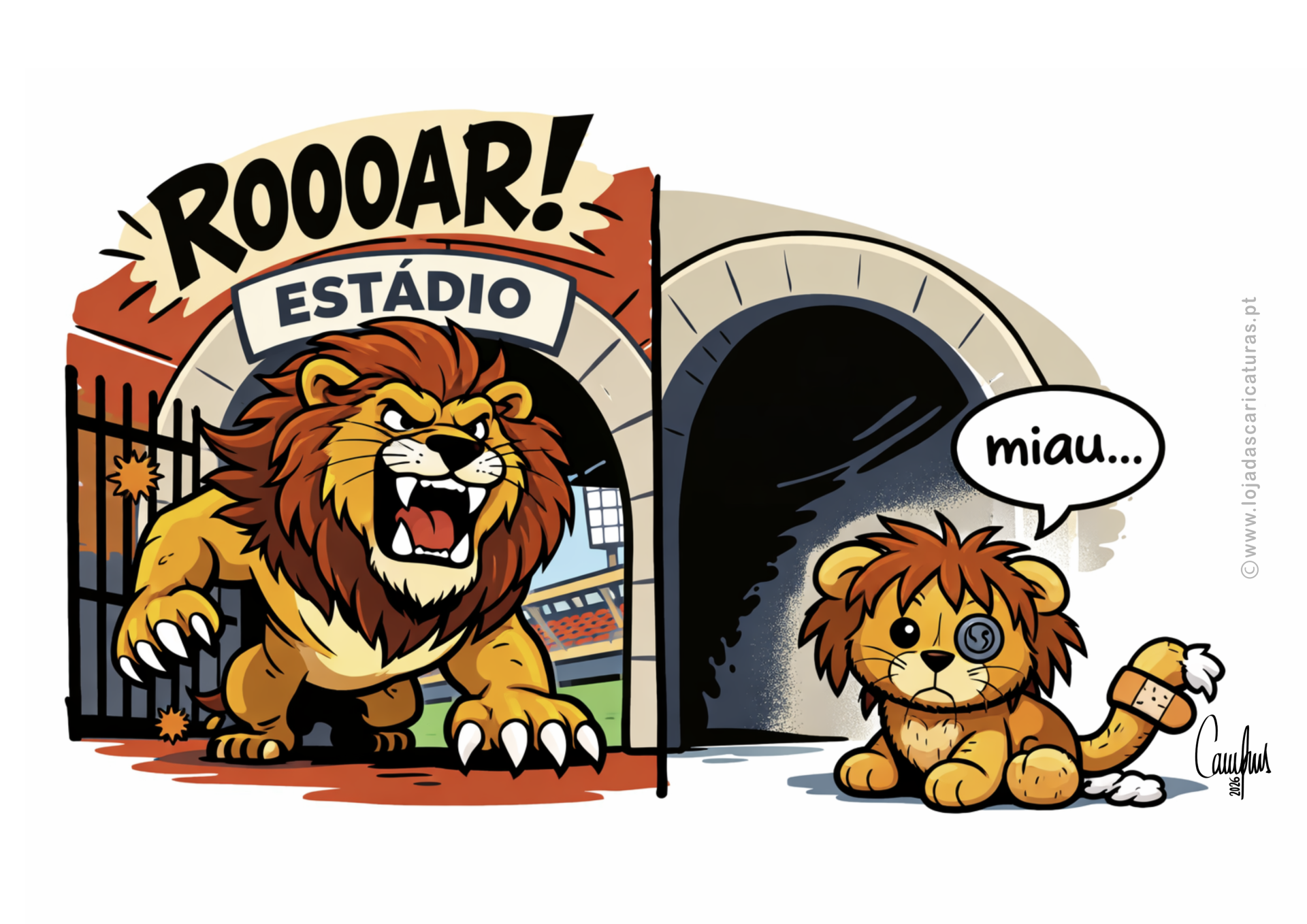Leão feroz no estádio à esquerda e leãozinho machucado a dizer miau... à direita