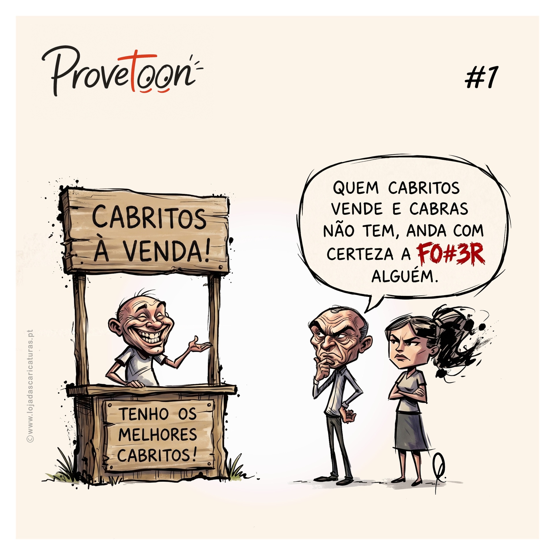 Cartoon com homem sorridente num stand de madeira vendendo cabritos e casal pensativo ouvindo a conversa.