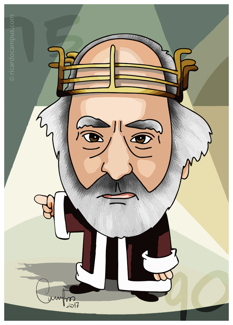 Ilustração caricatural de rei com coroa dourada e túnica castanha com golas brancas