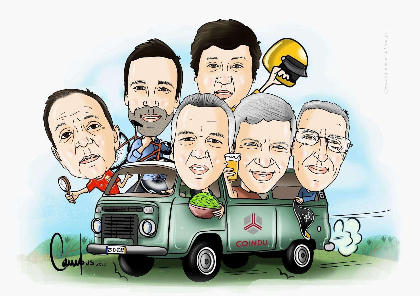 Caricatura de homens numa carrinha verde com texto COINQU
