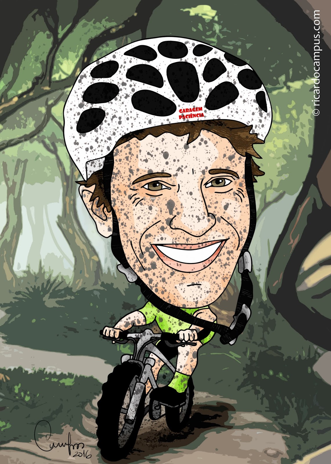 Homem em caricatura a andar de bicicleta de todo-o-terreno com capacete branco e manchas pretas numa floresta