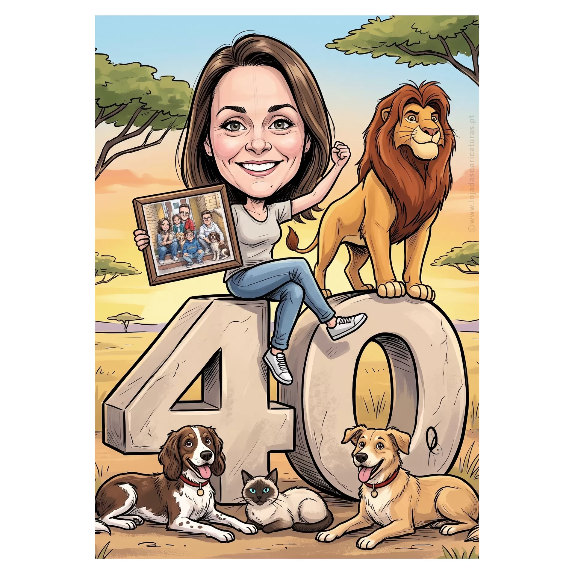 Caricatura de mulher sentada no número 40 com leão e animais de estimação.