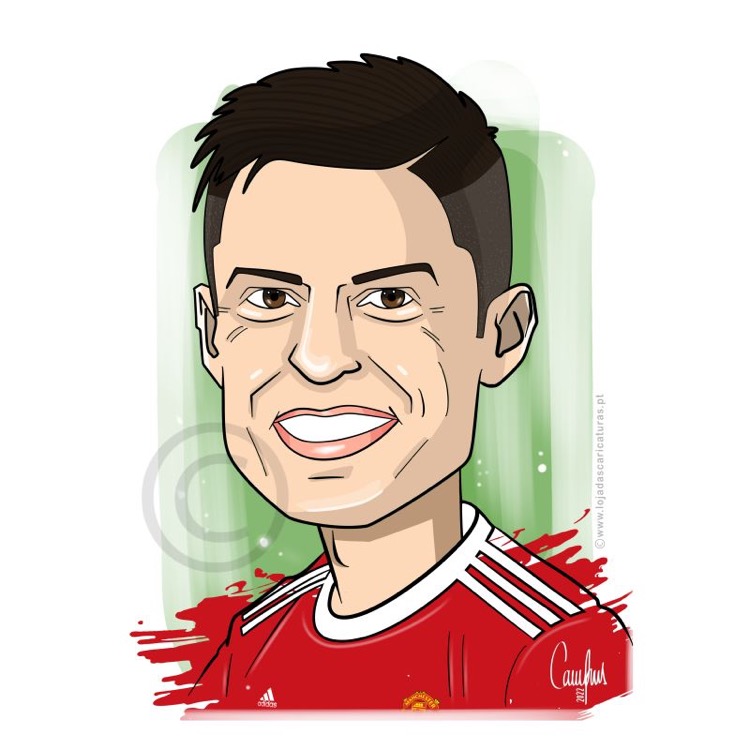 Caricatura de homem com camisola vermelha de futebol e fundo verde