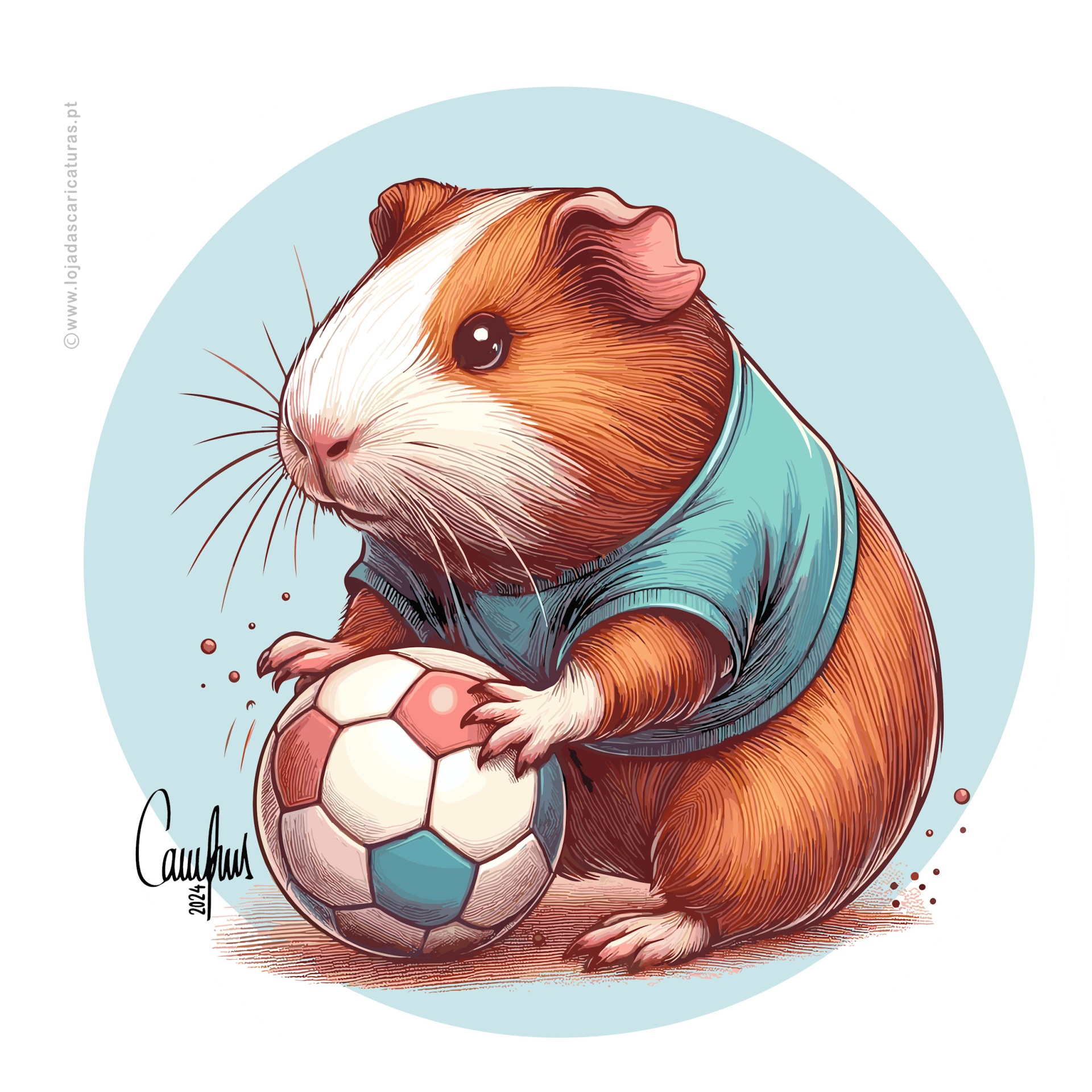 Porquinho-da-índia com camiseta azul e bola de futebol colorida