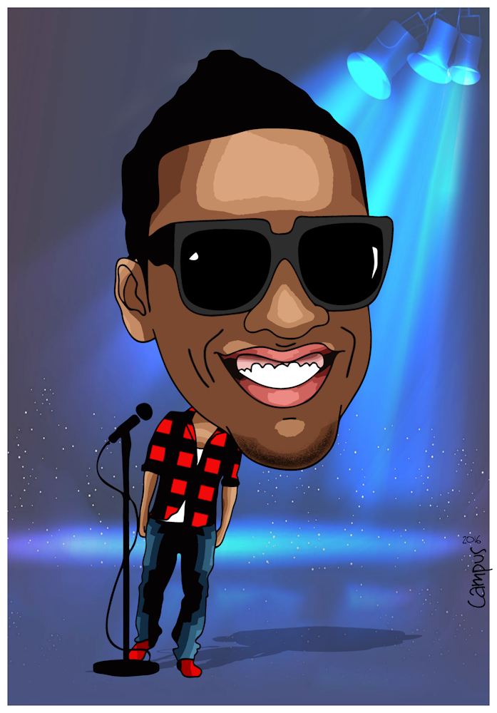 Caricatura de homem com óculos de sol a cantar num palco iluminado