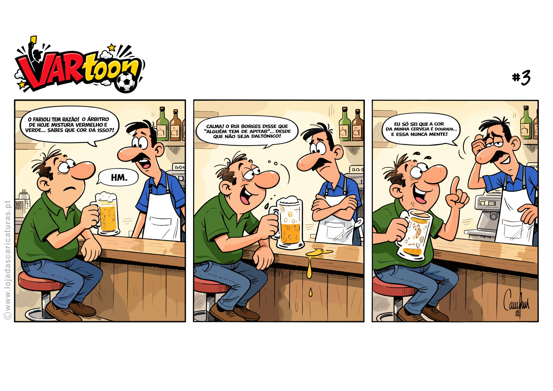 Banda desenhada VARtoon com duas personagens a conversar num bar com cerveja e garrafas no fundo