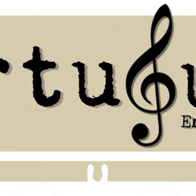 Imagem gráfica com texto em português e clave de sol preta como letra 't'