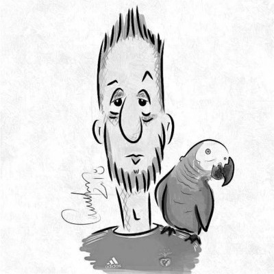 Desenho a preto e branco de homem com papagaio no ombro