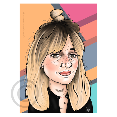 Caricatura de mulher loira com coque e sardas em fundo colorido