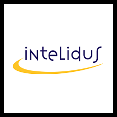 Logotipo da marca inteLidus em azul escuro com traço amarelo em baixo