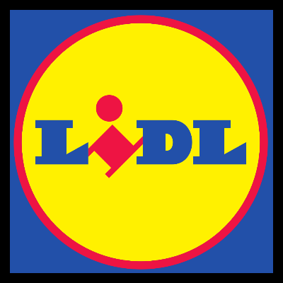 Logo circular da Lidl com letras azuis e fundo amarelo