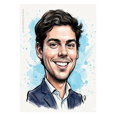 Caricatura digital de homem sorridente com cabelo castanho e blazer azul