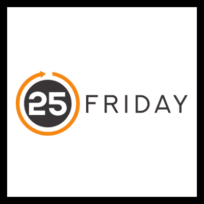 Logótipo com número 25 em círculo preto e seta laranja, texto FRIDAY ao lado