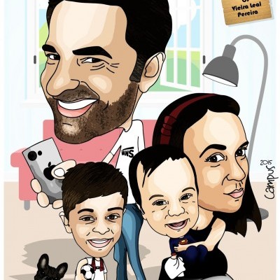 Caricatura colorida de família num interior com janela, candeeiro e cão.