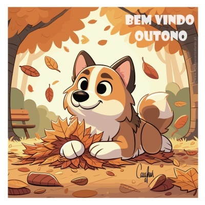 Ilustração de cão cartoon com folhas de outono