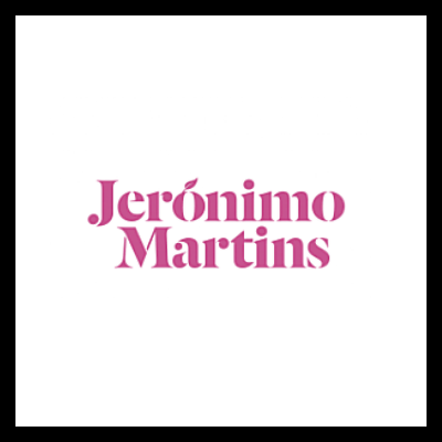 Logotipo com texto 'Jerónimo Martins' a rosa em fundo branco