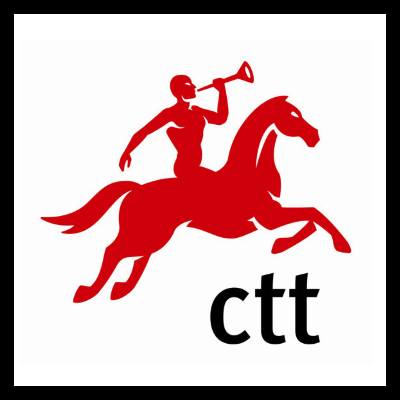 Logótipo vermelho de cavaleiro e cavalo com trombeta e letras ctt pretas