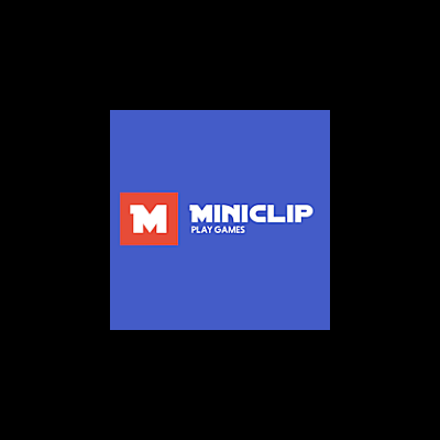 Logótipo MINICLIP PLAY GAMES com fundo azul e quadrado vermelho com letra M branca