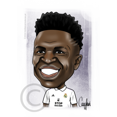 Caricatura de homem negro sorridente com camisa branca do Real Madrid com texto STOP RACISM