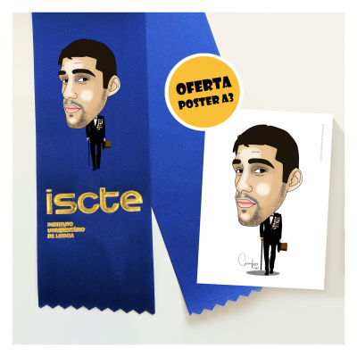 Fita azul com caricatura e texto dourado e poster A3 com caricatura e oferta