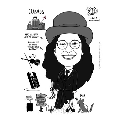 Caricatura a preto e branco de mulher com chapéu, roupas formais, guarda-chuva, gato e elementos de viagem e música