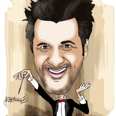 Precisas de um presente original? Caricatura de maestro com batuta em fundo bege.