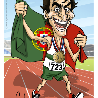 Caricatura de atleta vencedor com bandeira de Portugal numa pista de corrida