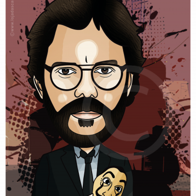 Ilustração digital de homem de fato preto segurando máscara dourada com fundo abstrato vermelho