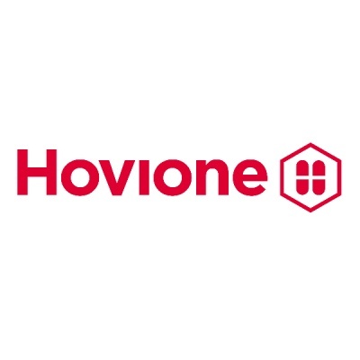 Logotipo vermelho da Hovione com ícone hexagonal